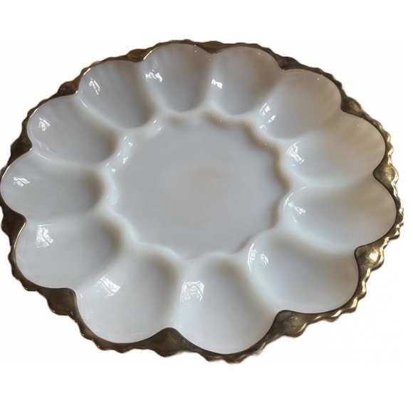 Egg plater Vtg Anchor Hocking Milk Glass 12 Deviled Egg Plate
Gold Trim Ornate - Picture 7 of 10
